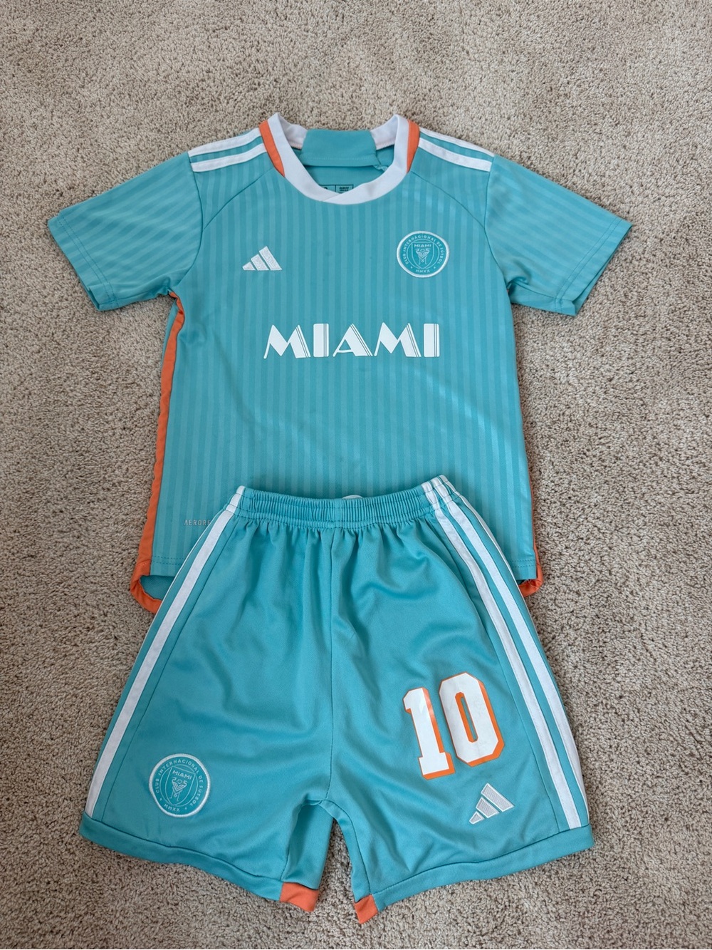 Adidas Miami Messi Teal & Orange Kids Soccer Jersey & Shorts Kit